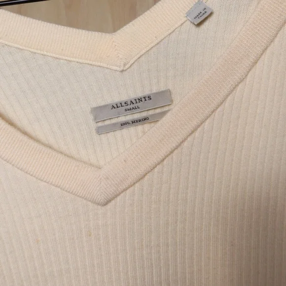 ALLSAINTS Keld V-Neck Merino Wool Ribbed Sweater Cream Size Small - Picture 4 of 5